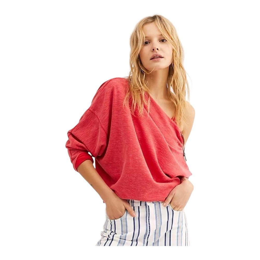 We the Free Nikaka Red Thermal Knit Boatneck Shoulder Zip Dolman Sleeve Top